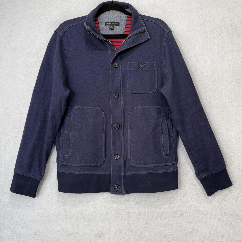 Banana Republic Jacket Mens Large Blue Knit Bomber Button Front Pockets Collared